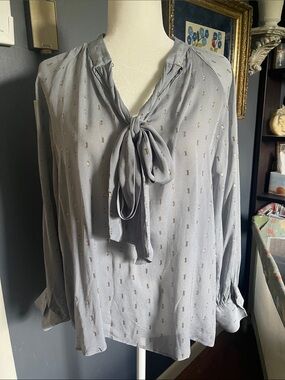 Zara Light Gray Tie-Neck Blouse with Metallic Dot Accents